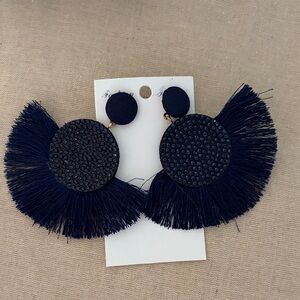 New vibrant Navy Blue Fringe Earrings large size pierced